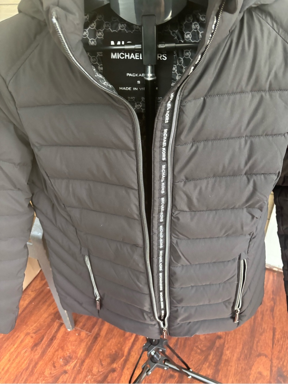 Michael Kors Black Quilted Packable Puffer Jacket with Logo Trim